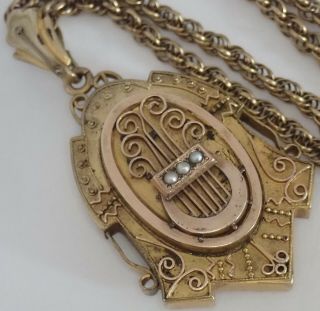 Antique Victorian Etruscan Revival Gold Filled Seed Pearl Lyre Locket Necklace