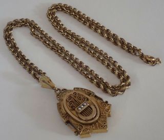 ANTIQUE VICTORIAN ETRUSCAN REVIVAL GOLD FILLED SEED PEARL LYRE LOCKET NECKLACE 2