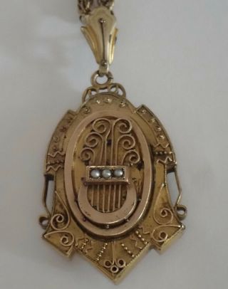 ANTIQUE VICTORIAN ETRUSCAN REVIVAL GOLD FILLED SEED PEARL LYRE LOCKET NECKLACE 7