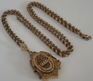 ANTIQUE VICTORIAN ETRUSCAN REVIVAL GOLD FILLED SEED PEARL LYRE LOCKET NECKLACE 8