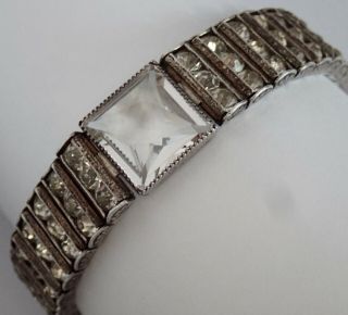 Antique Art Deco Sterling Silver Open Back Channel Set Paste Rhinestone Bracelet