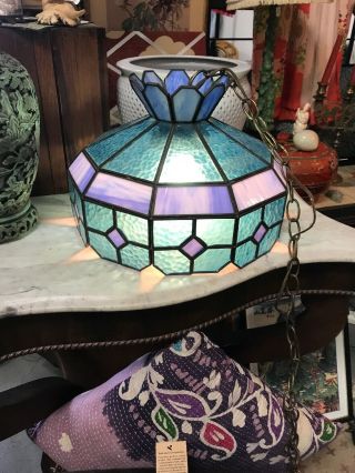 Unique Blue Vintage Stained Glass Hanging / Light E Lamp & Shade / Slag Glass