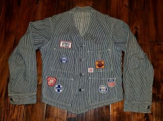 Vintage Head Light Union Made Conductor Clothes Striped With Patches 70s - 80s La