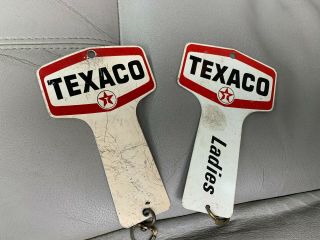 2 Vintage Metal Texaco Ladies Mens Restroom Key Holders Toilet Gas Oil Gasoline