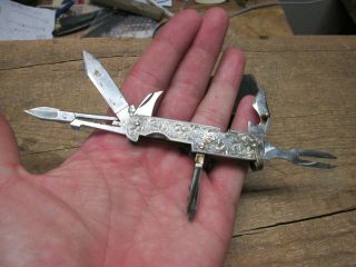 vintage Japanese Oriental Pocket Knife Multi Tool Ornate Sterling Silver Sides 2