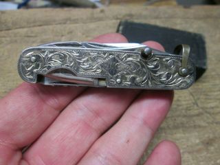 vintage Japanese Oriental Pocket Knife Multi Tool Ornate Sterling Silver Sides 8