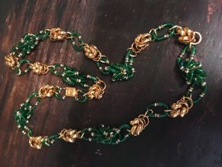 Vintage Gold Tone W/green Accent Knots Long Necklace 20” Signed A S