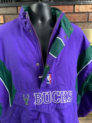 Vintage Rare NBA Milwaukee Bucks 1/4 Zip Starter Puffer Jacket Men ' s XL Big Logo 3