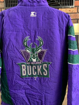 Vintage Rare NBA Milwaukee Bucks 1/4 Zip Starter Puffer Jacket Men ' s XL Big Logo 8