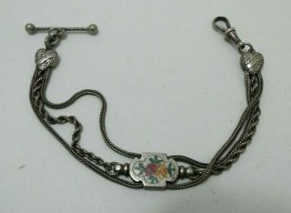 Antique Victorian Silver Albertina Watch Chain Bracelet Enamel Slider Hearts