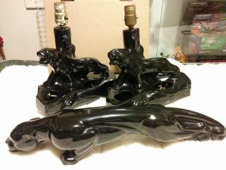 Vtg Mid Century Glossy Black Panther Ceramic Table Lamp/planter Set.