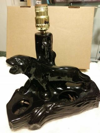 Vtg Mid Century Glossy Black Panther Ceramic Table Lamp/planter set. 2