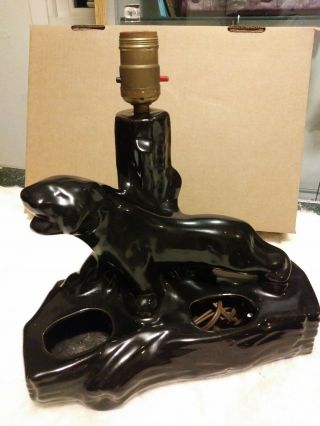 Vtg Mid Century Glossy Black Panther Ceramic Table Lamp/planter set. 4