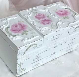White Shabby Chic Vintage Wood Jewelry Box Hand Painted Hp Roses Pink Cottage
