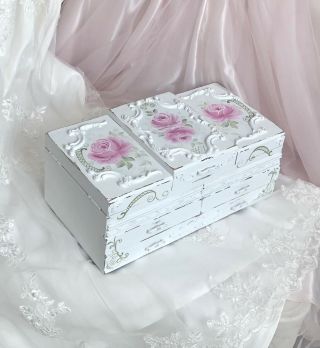 White Shabby Chic Vintage Wood Jewelry Box Hand Painted Hp Roses Pink Cottage 3