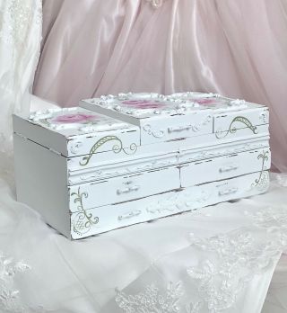 White Shabby Chic Vintage Wood Jewelry Box Hand Painted Hp Roses Pink Cottage 4