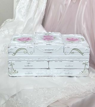 White Shabby Chic Vintage Wood Jewelry Box Hand Painted Hp Roses Pink Cottage 6