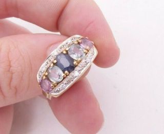 9ct Gold Diamond & 5 Stone Multi Coloured Sapphire Heavy Art Deco Design Ring,  9k