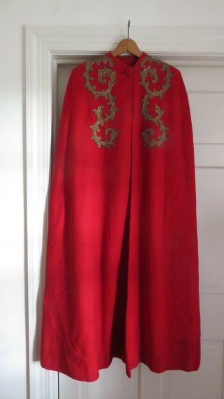 Vintage Long Red Wool Cape With Metallic Embroidery - Size L -