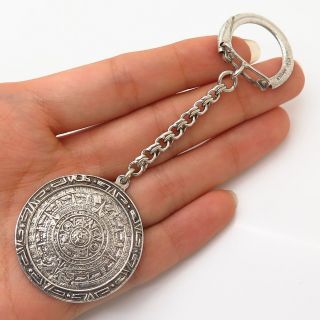 925 Sterling Silver Vintage Mexico Aztec Calendar Design Key Ring / Keychain