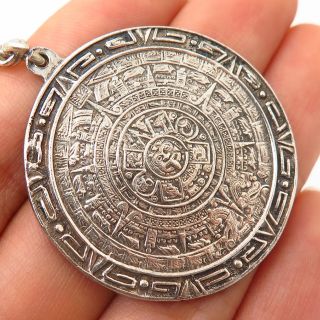 925 Sterling Silver Vintage Mexico Aztec Calendar Design Key Ring / Keychain 3