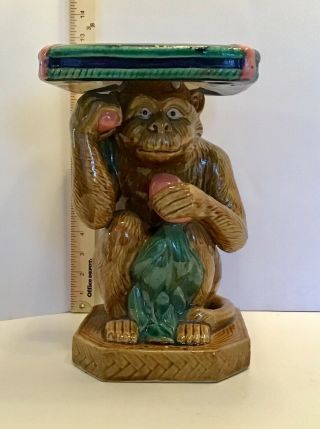 Crouching Monkey Plant Ceramic Stand British Colonial,  Majolica,  Boho,  Vintage