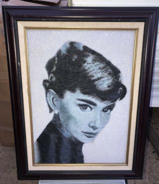 Vintage Audrey Hepburn Gravel Art Portrait 21”x27” Framed - Rare