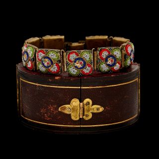 Antique Vintage Art Deco Brass Italian Etruscan Pietra Dura Onyx Tennis Bracelet
