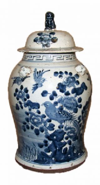 Vintage Style Blue And White Floral Bird Motif Porcelain Temple Jar 19 "
