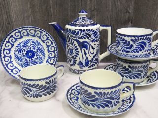 Vintage Anfora Pottery Hecho - en Mexico Blue White Coffee Pot & 4 Cups Saucers 2