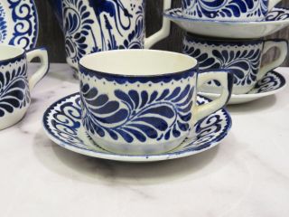 Vintage Anfora Pottery Hecho - en Mexico Blue White Coffee Pot & 4 Cups Saucers 3