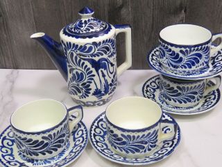 Vintage Anfora Pottery Hecho - en Mexico Blue White Coffee Pot & 4 Cups Saucers 8