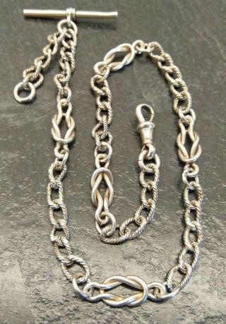 Antique Victorian Silver Albertina Pocket Watch Chain With Reef Knot Links.
