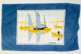 Vintage Hermes Of Paris Beach Towel Nautical Ship Boat Sailing Blue & Yellow 57 "