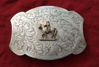 Vtg Rare Del Varney,  Texas Sterling Silver O/l Western Horse & Rider Belt Buckle