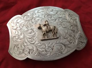 VTG Rare Del Varney,  Texas STERLING SILVER O/L Western Horse & Rider BELT BUCKLE 2