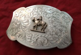 VTG Rare Del Varney,  Texas STERLING SILVER O/L Western Horse & Rider BELT BUCKLE 3