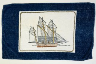 Vintage Hermes Of Paris Beach Towel: Nautical Ship Boat Sailing Blue & White 57 "