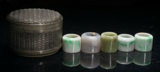 Set Of Chinese Antique Jade & Agate Rings In Tin Box