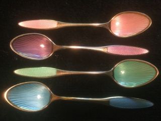 Frigast Denmark Sterling Silver Guilloche Enamel Demitasse Spoons - Set Of 4