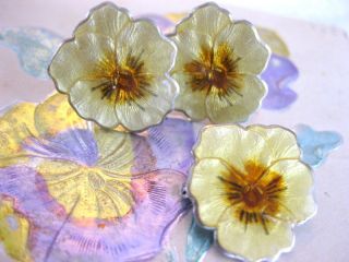 Antique Guilloche Enamel Sterling Silver Yellow Pansy Flower Earring & Pin Set