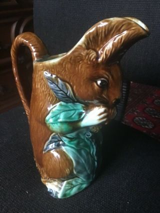 Vintage Large 9 Inch Squirrel And Acorn Majolica Pitcher