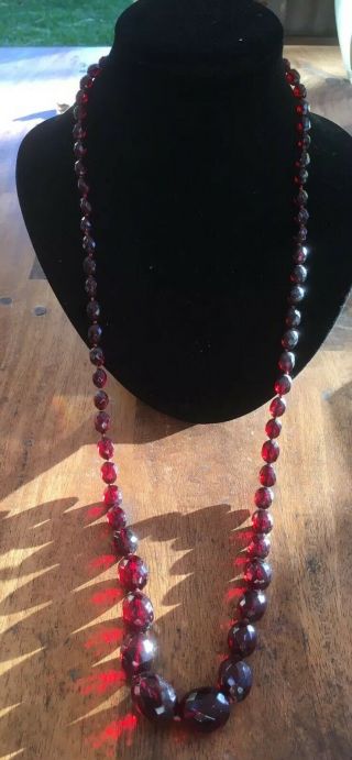 Art Deco Red Faceted Bakelite Bead Flapper Necklace