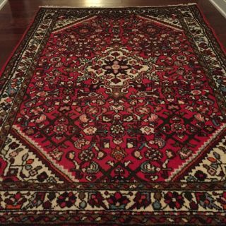 Antique Oriental Persian Floor Rug Geometric Floral VTG Red Area Carpet 4.  8 ft 2