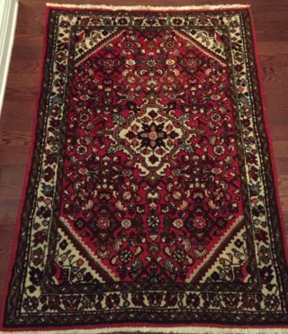 Antique Oriental Persian Floor Rug Geometric Floral VTG Red Area Carpet 4.  8 ft 4