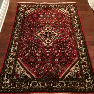 Antique Oriental Persian Floor Rug Geometric Floral VTG Red Area Carpet 4.  8 ft 7