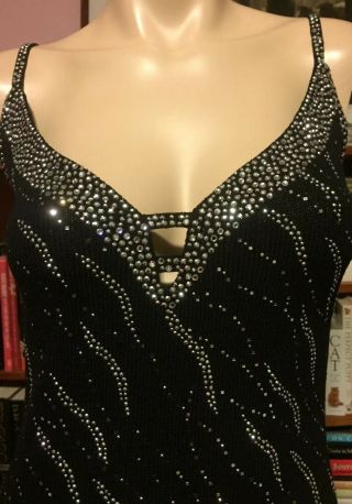 - St.  John Evening Black Santana Knit Crystals Mirrored Paillettes Cascading Gown