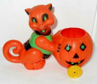 Vintage Plastic Halloween Cat With Jack - O - Lantern On Wheels Candy Holder