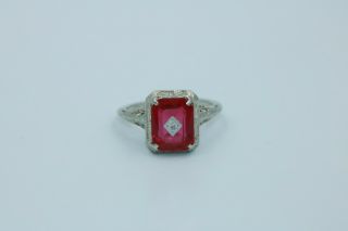 Vintage Style Garnet Stone & Diamond Ring On 18k White Gold,  Ring Size 6