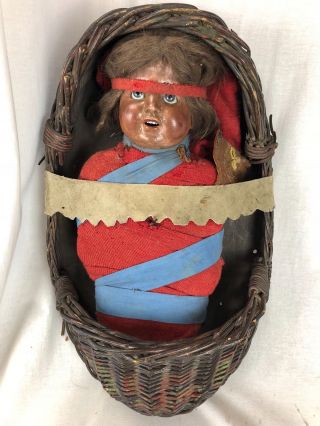 Vintage Indian Skookum Native American Doll Papoose Doll Display Cradle Board